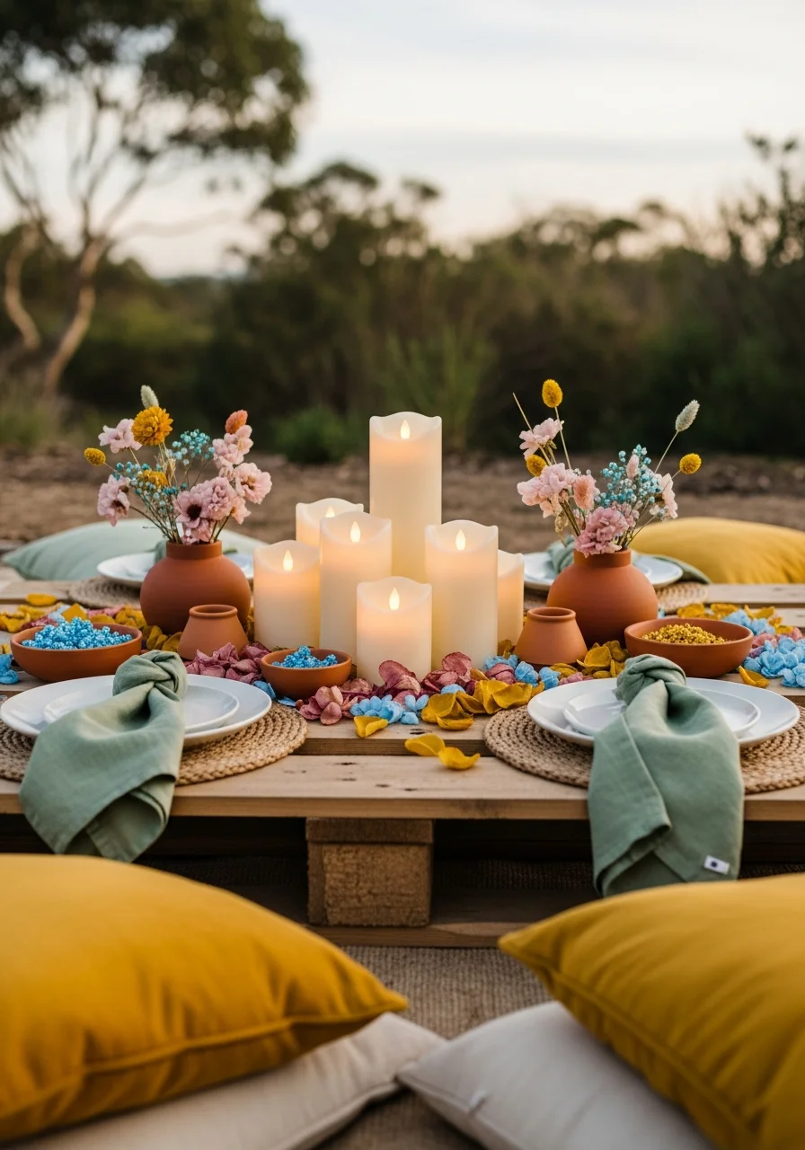 LED pillar candles grouped on a low table with dried flower accents.