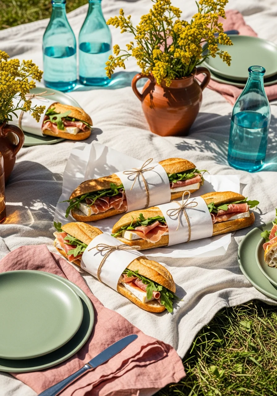 Baguette sandwiches wrapped in paper and twine on a serving board.