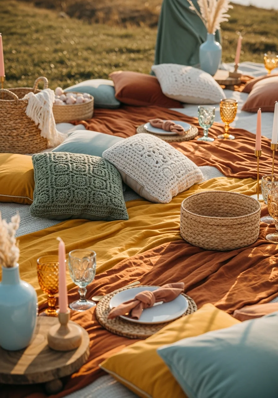 A retro-themed picnic with mustard and terracotta cushions and vintage glass.