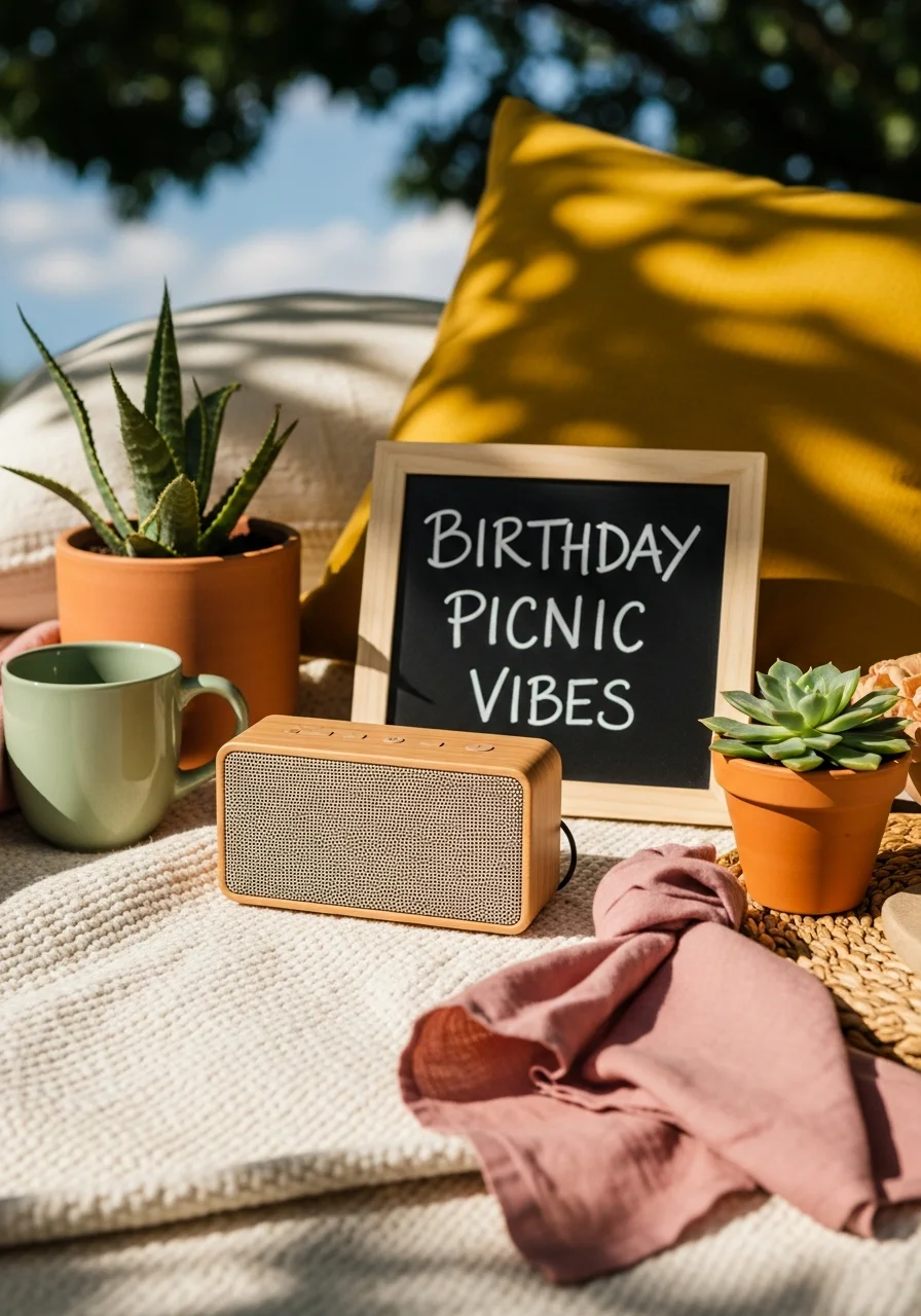 A wooden speaker and a small chalkboard sign on a picnic blanket.