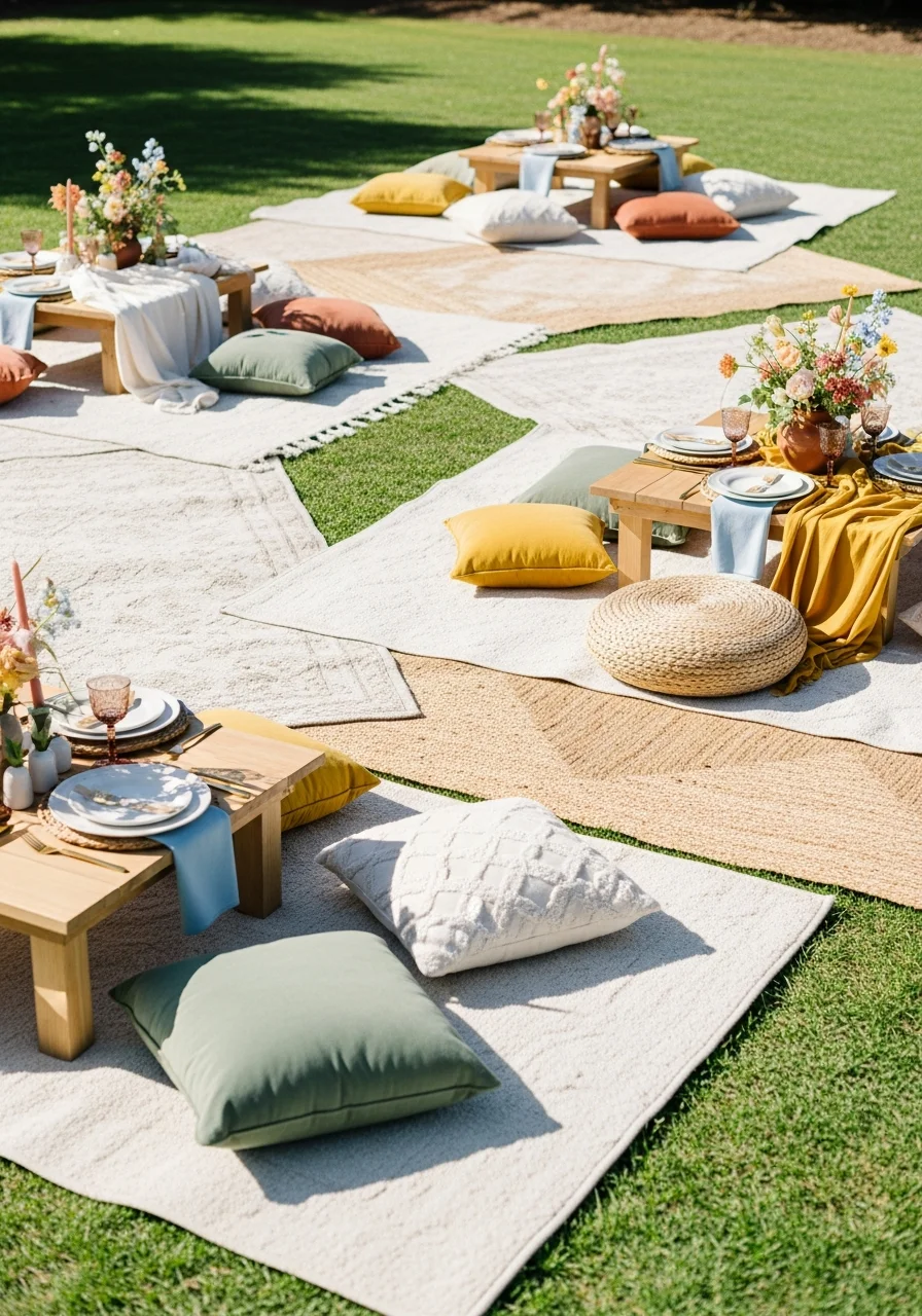 Several overlapping cream and jute rugs spread out on a lawn.