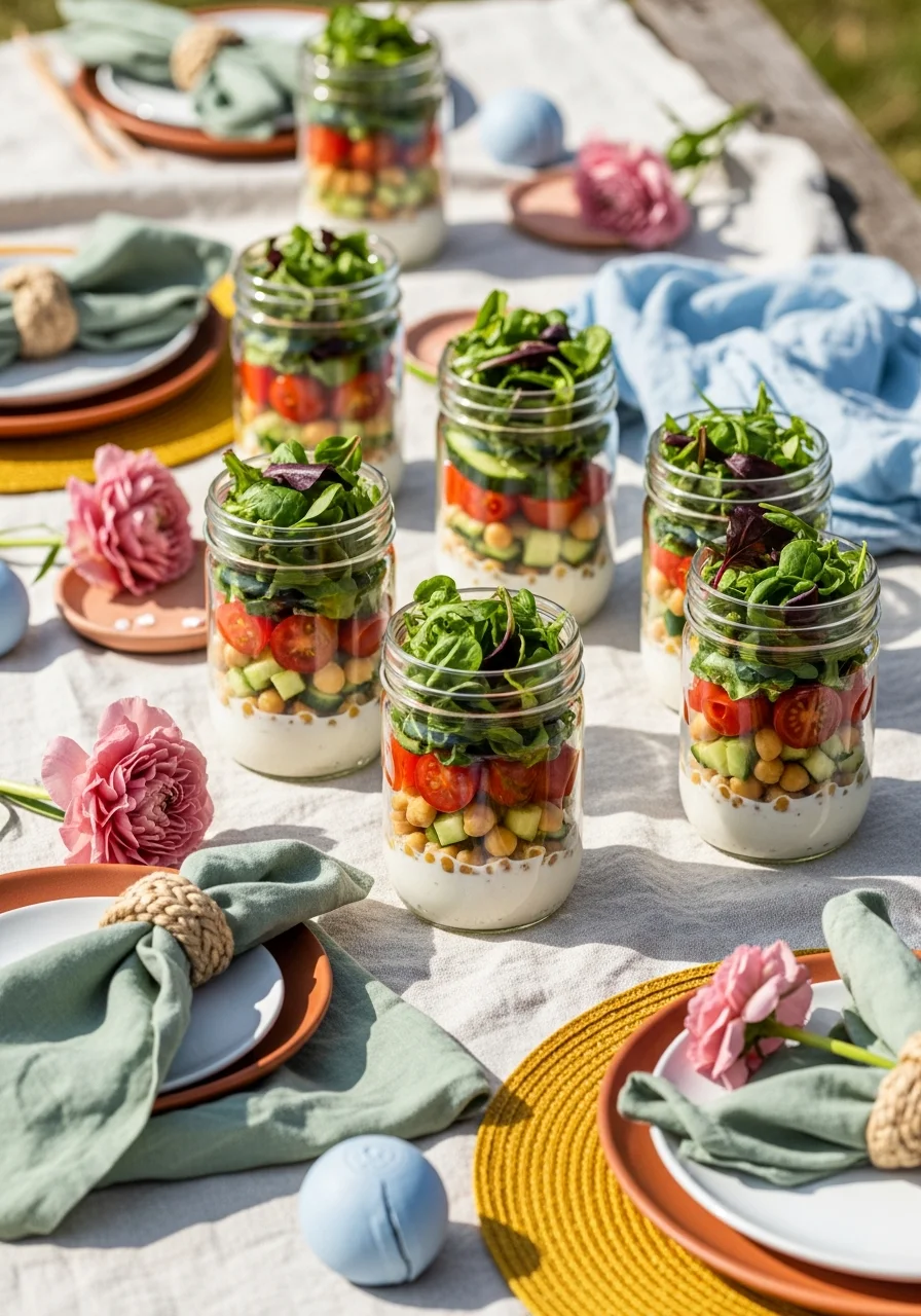 Vertical layers of salad ingredients in clear mason jars.