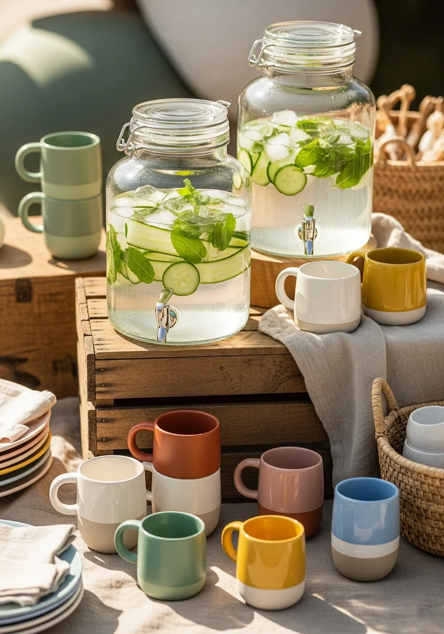 Glass beverage dispensers with cucumber and mint on a wooden crate.
