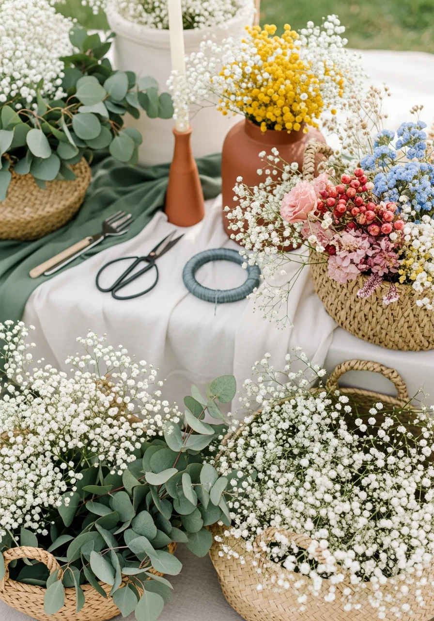 A DIY flower crown station with baskets of greenery and floral tools.