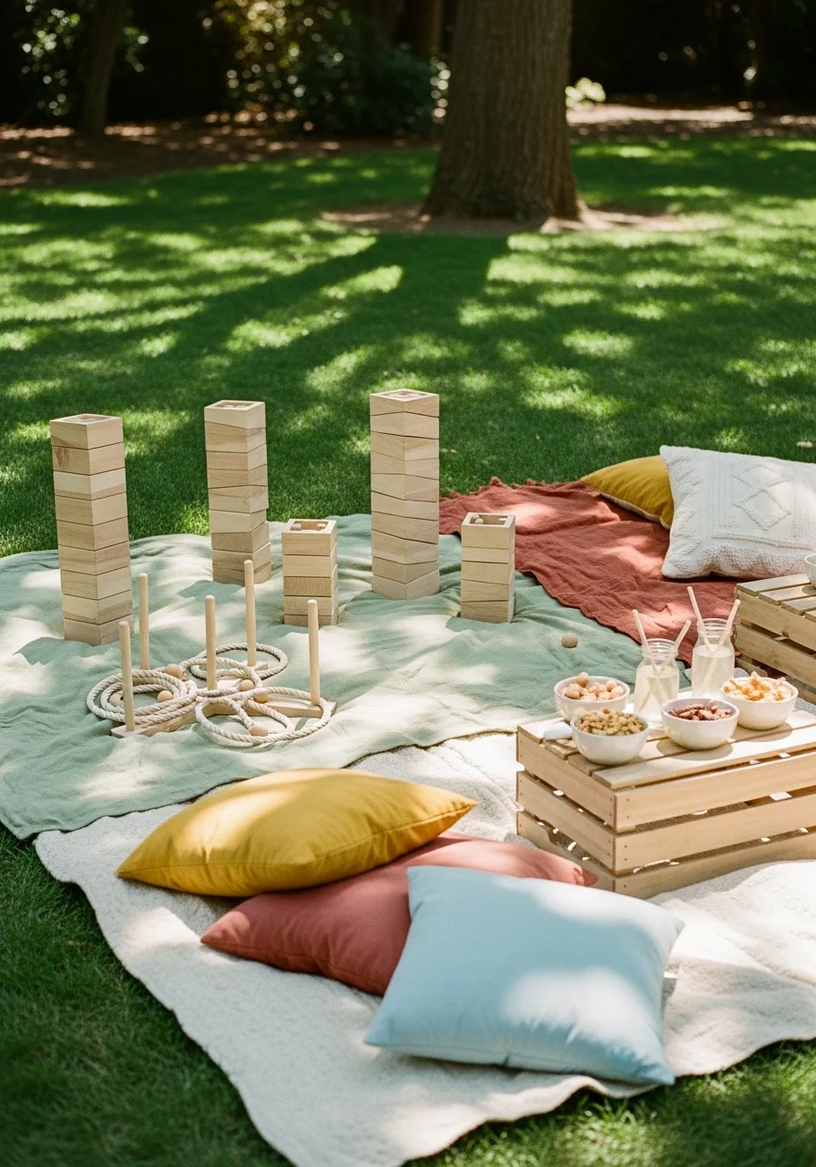 Wooden lawn games set up on a green grass field.