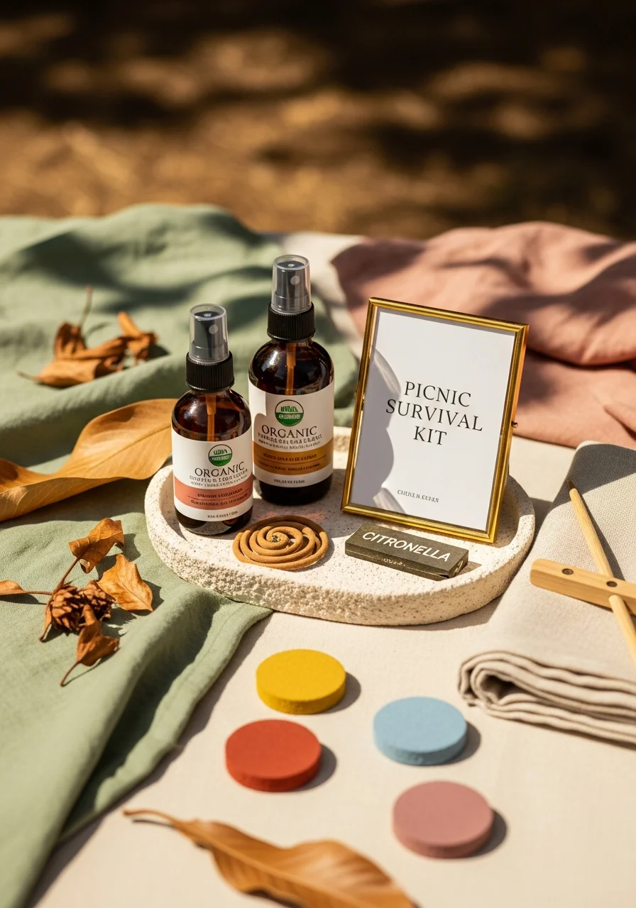 A bug repellent station with amber bottles and incense on a tray.