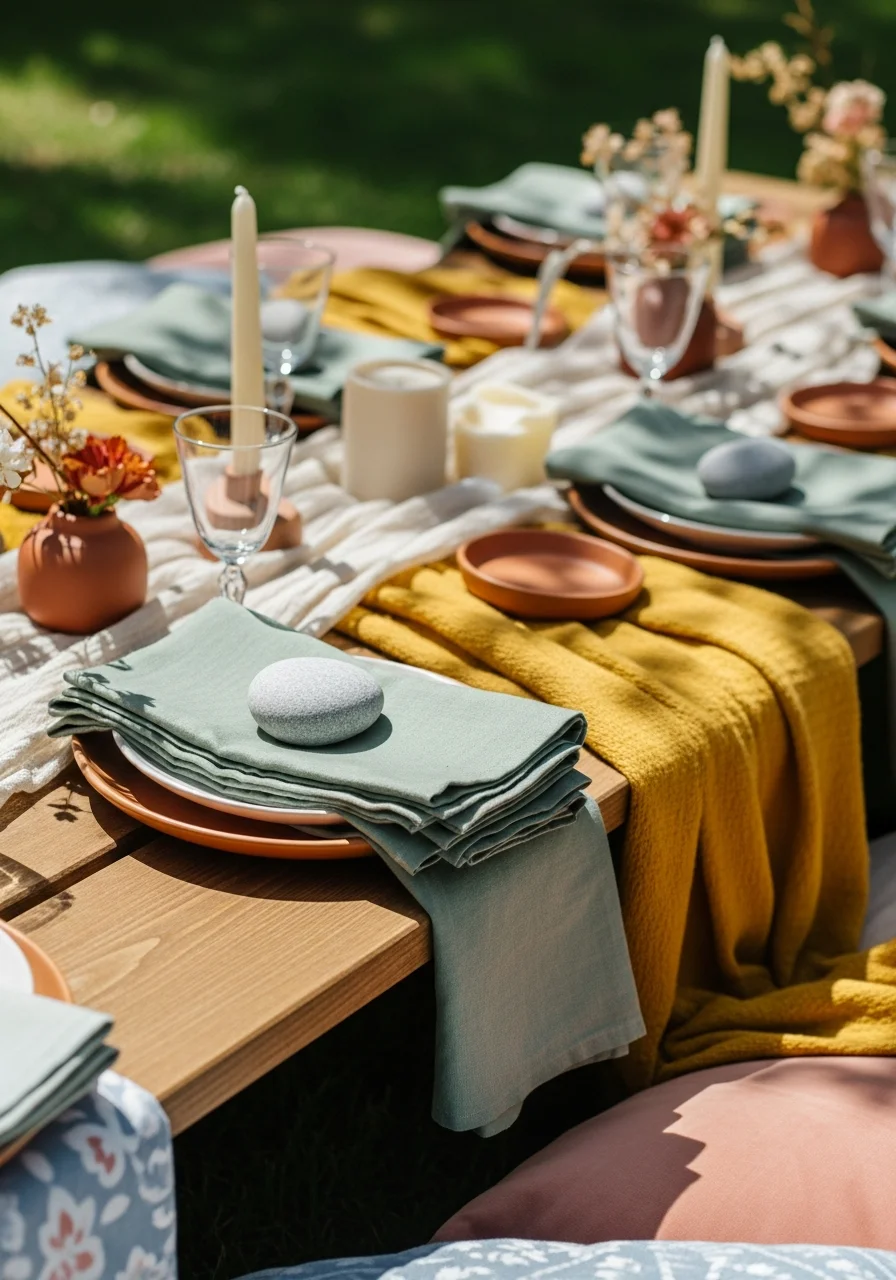 Green linen napkins secured by smooth stones on a low wooden table.