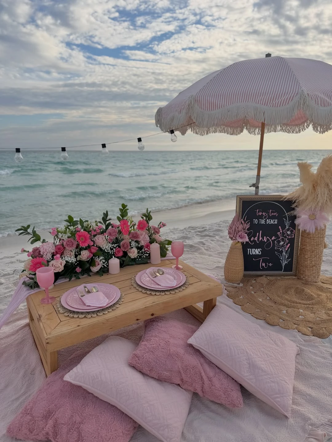 Coastal Rose Beach Setup picnic birthday party ideas