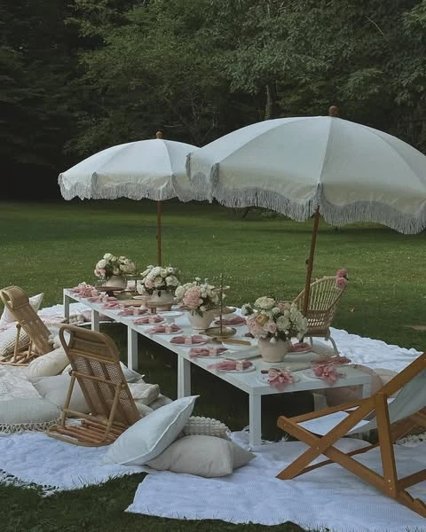 Fringed Umbrella Lounge Setup picnic birthday party ideas