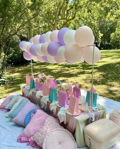 Floating Pastel Balloon Display picnic birthday party ideas