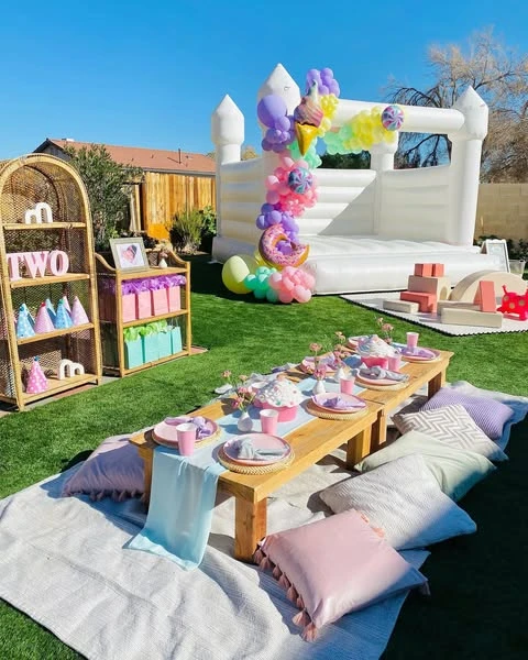 Pastel Picnic Table Arrangement picnic birthday party ideas