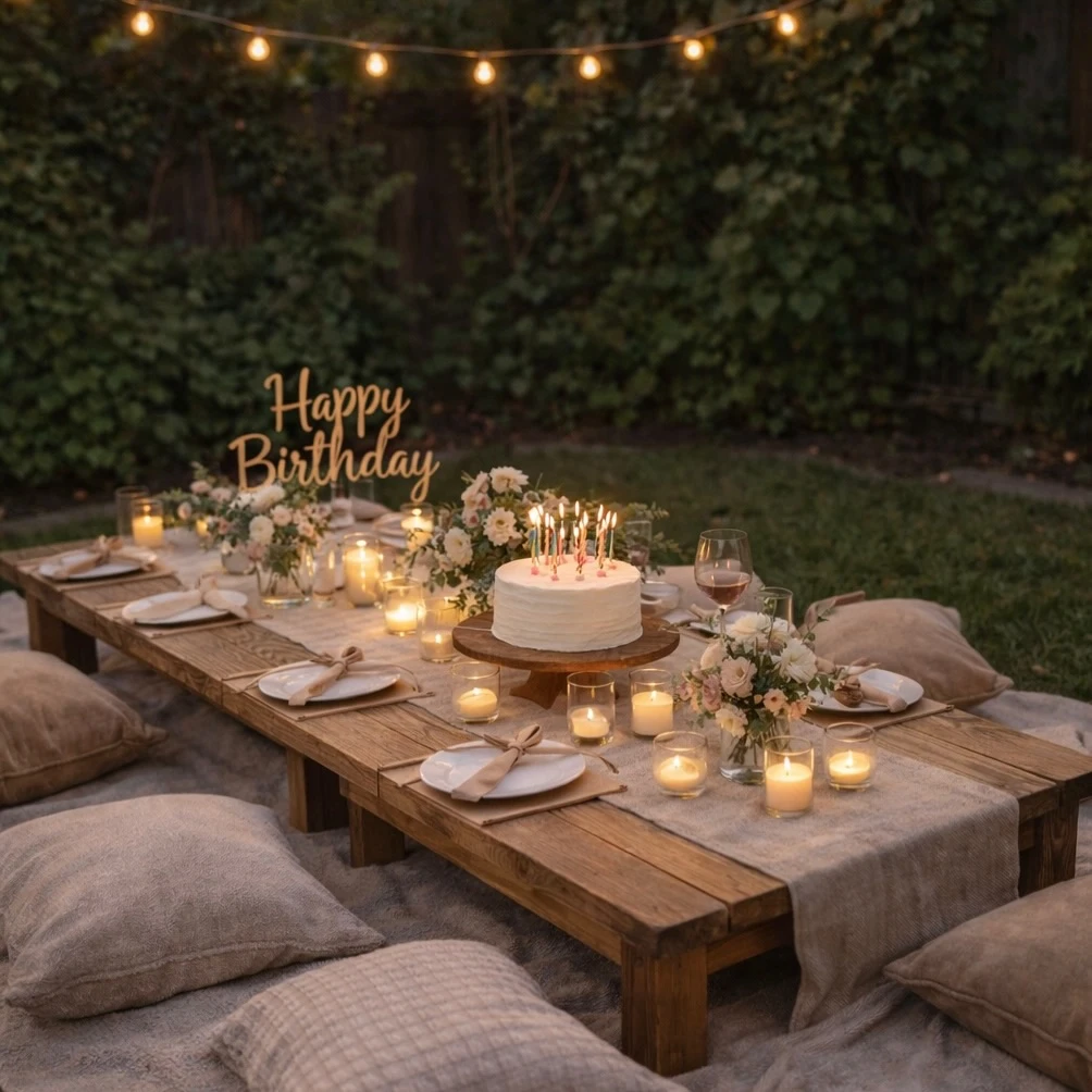 Warm Twilight Table Setting picnic birthday party ideas