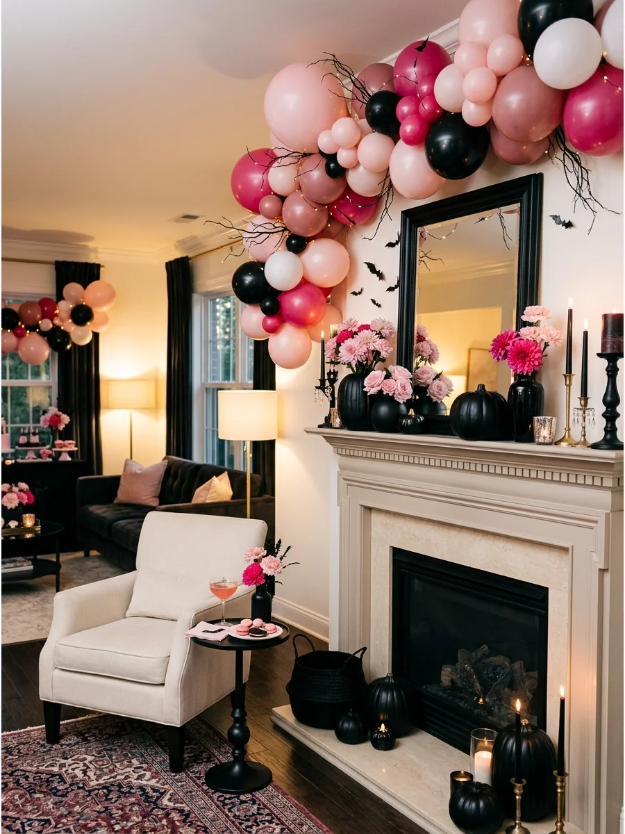 A modern living room decorated in pink and black for Halloween with balloons and pumpkins.