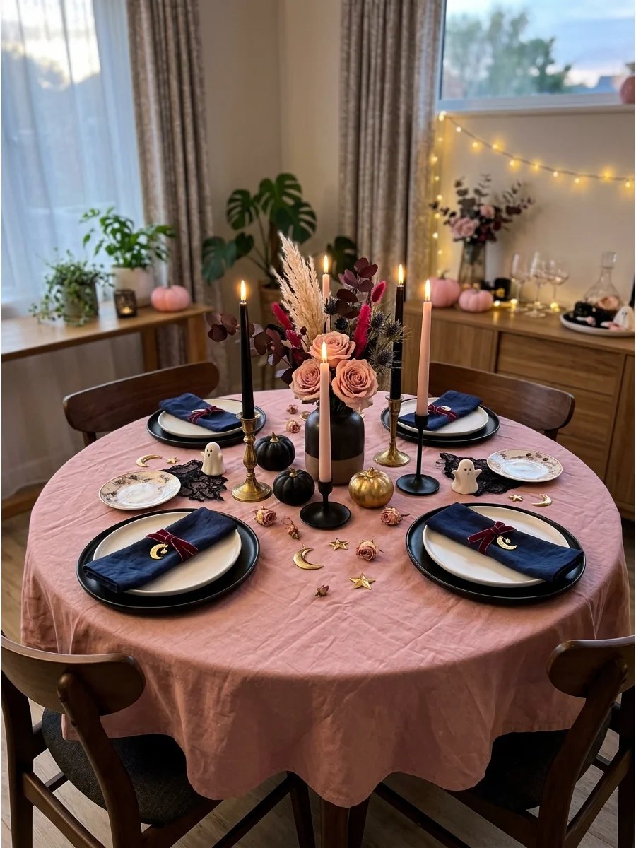 A celestial themed table setting with pink, navy, and gold accents.