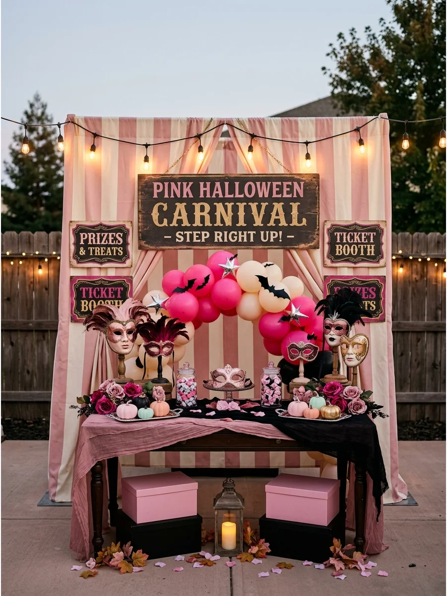A vintage-style pink and cream carnival booth for a Halloween party.