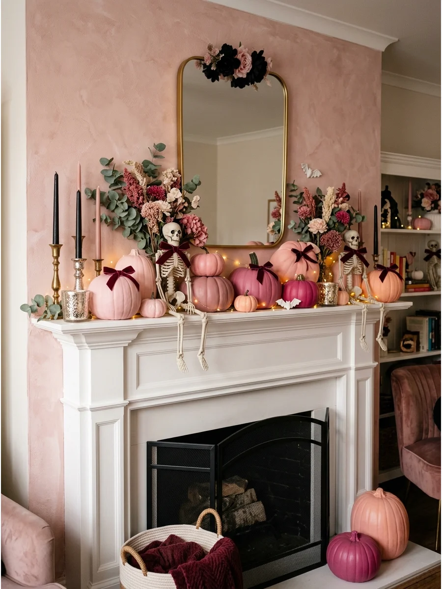 Pink pumpkins and skeletons decorated with velvet bows on a mantle.