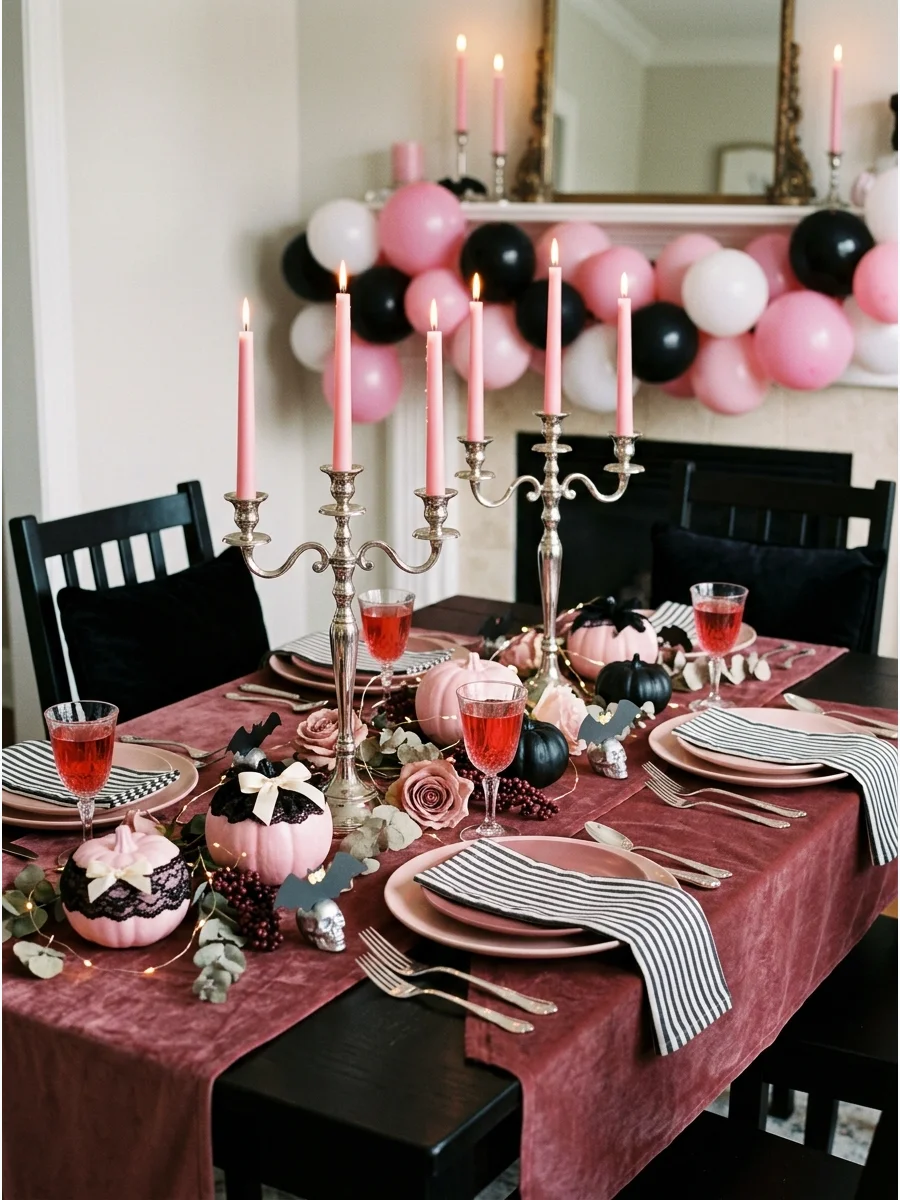 A sophisticated vampire themed table with pink candles and velvet.