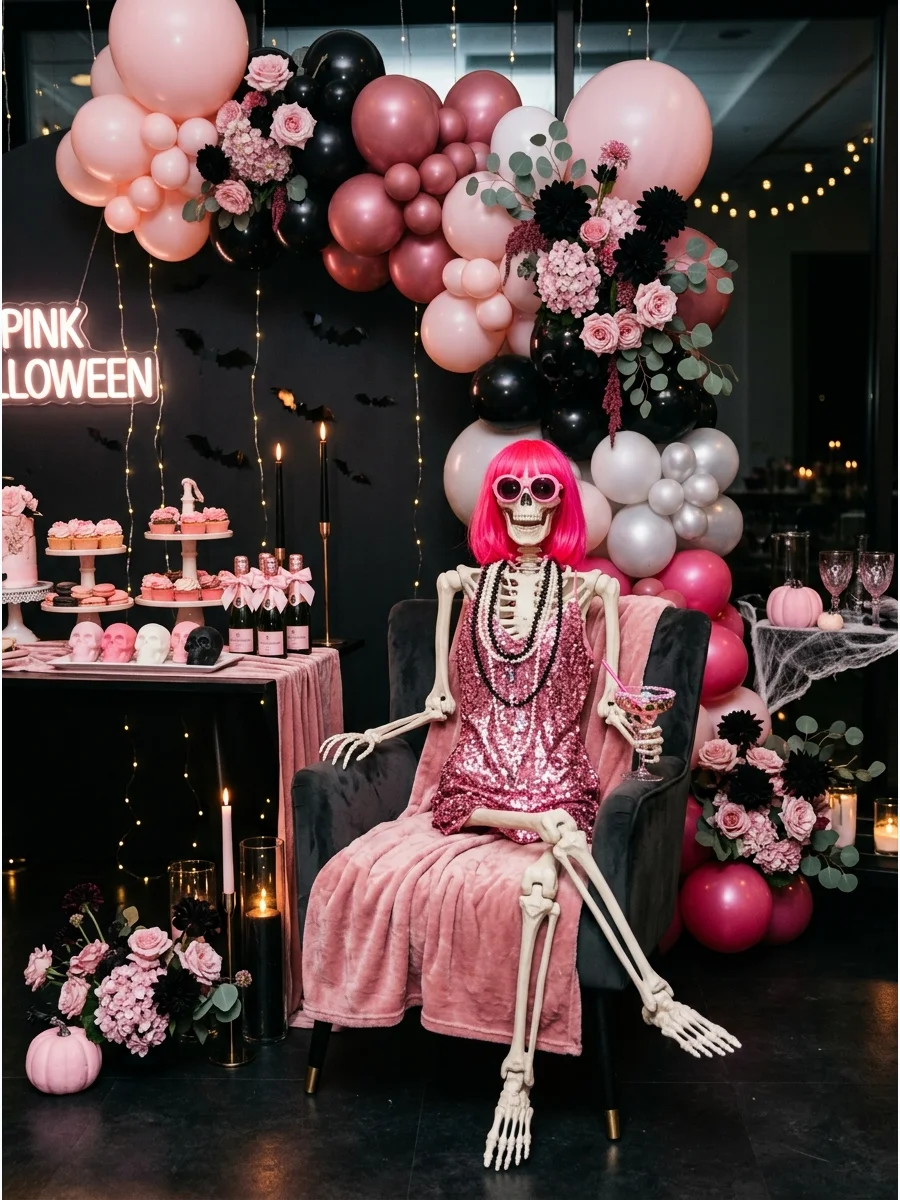 A skeleton guest wearing a pink wig and sunglasses at a party.