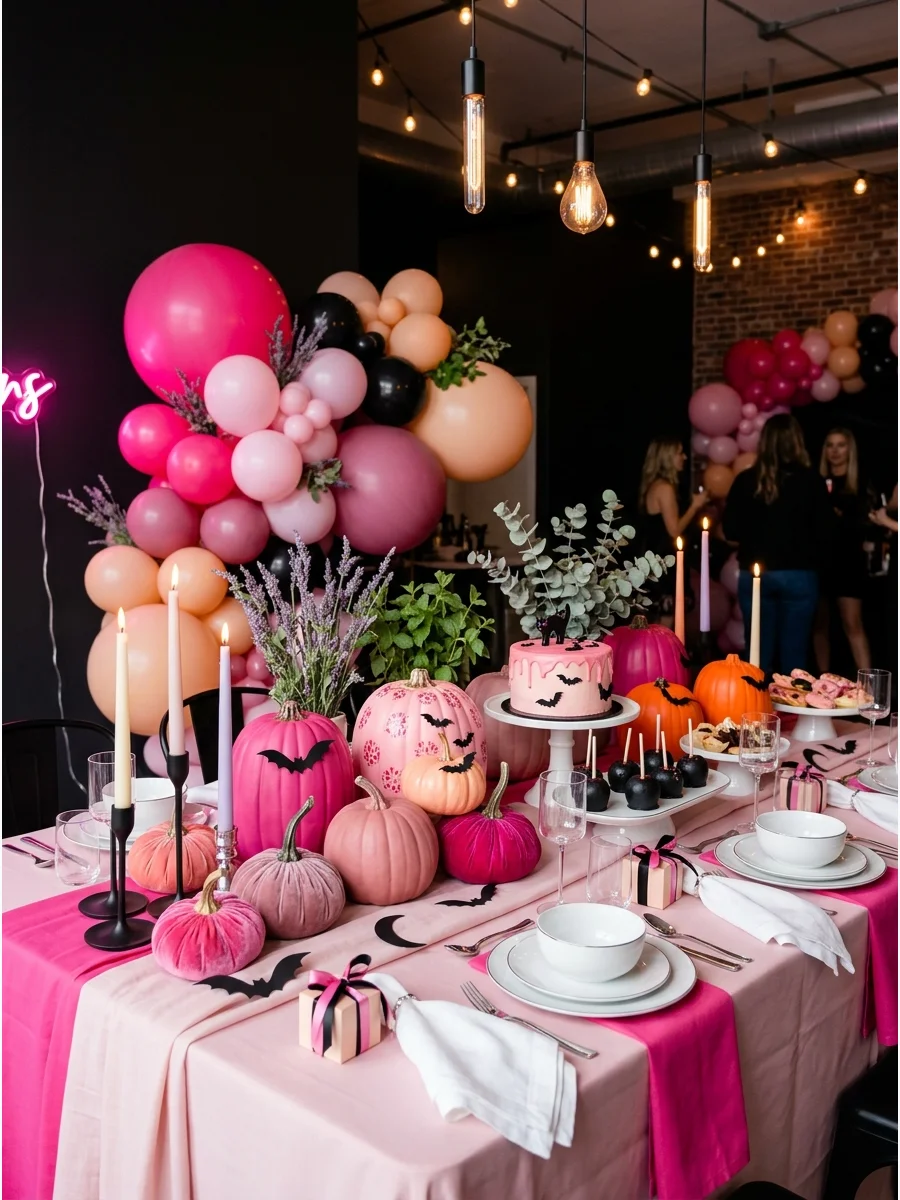 A colorful pink and orange Halloween table setting with bats.