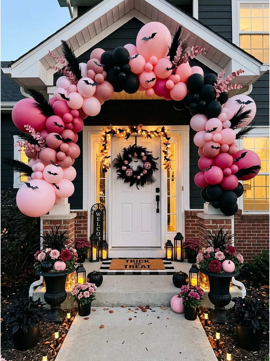 A pink and black balloon arch entrance with paper bats.