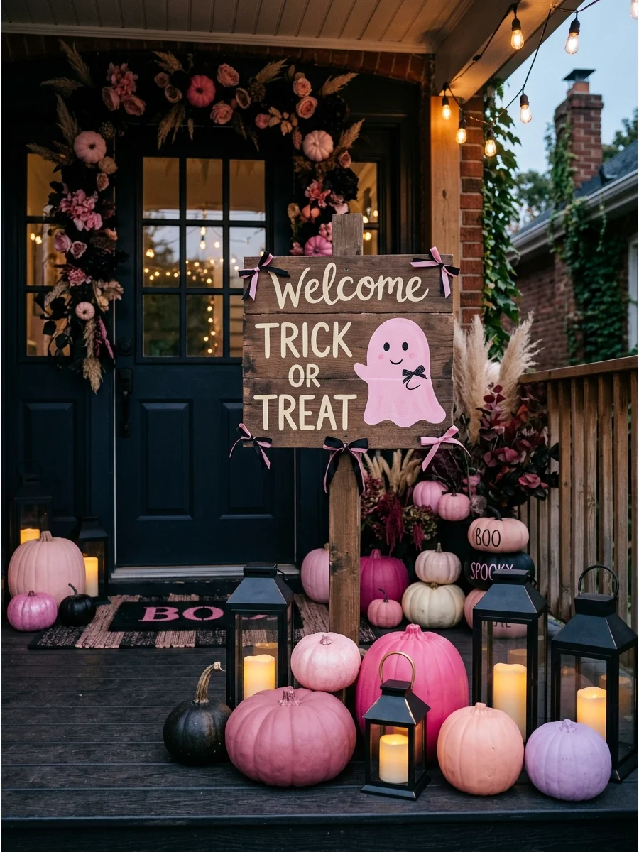 A pink ghost welcome sign at the entrance of a house.