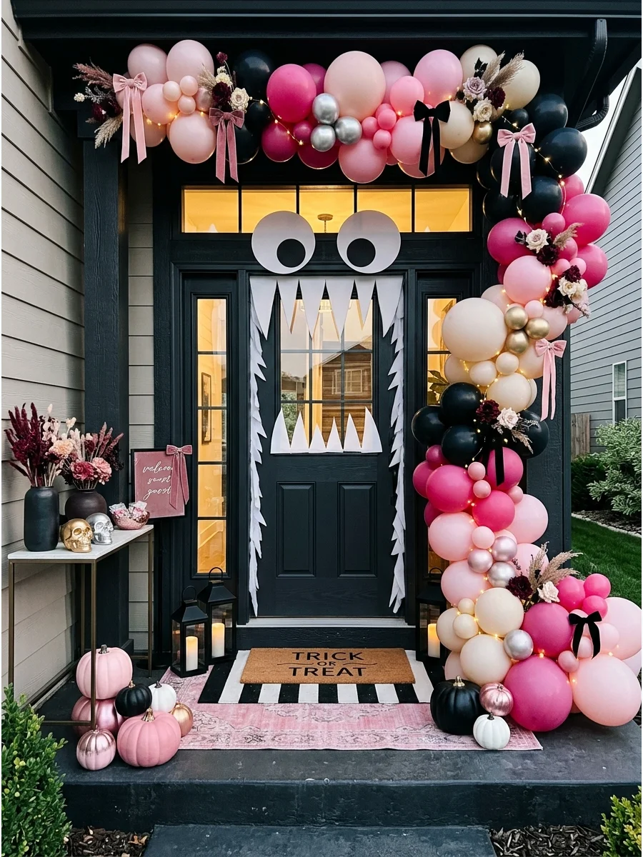 A front door decorated as a large pink monster face.