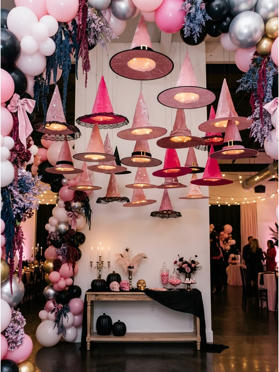 Pink witch hats hanging from the ceiling with lights inside.