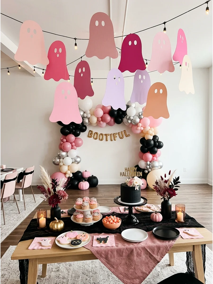 Pastel pink and lavender paper ghosts hanging in a bright party room.