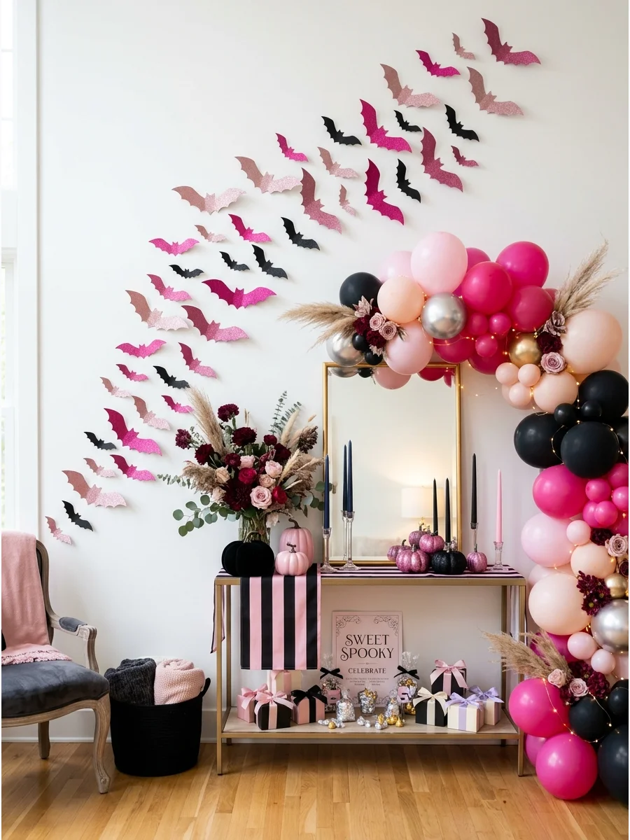 A wall decorated with a swarm of pink and black cardstock bats.