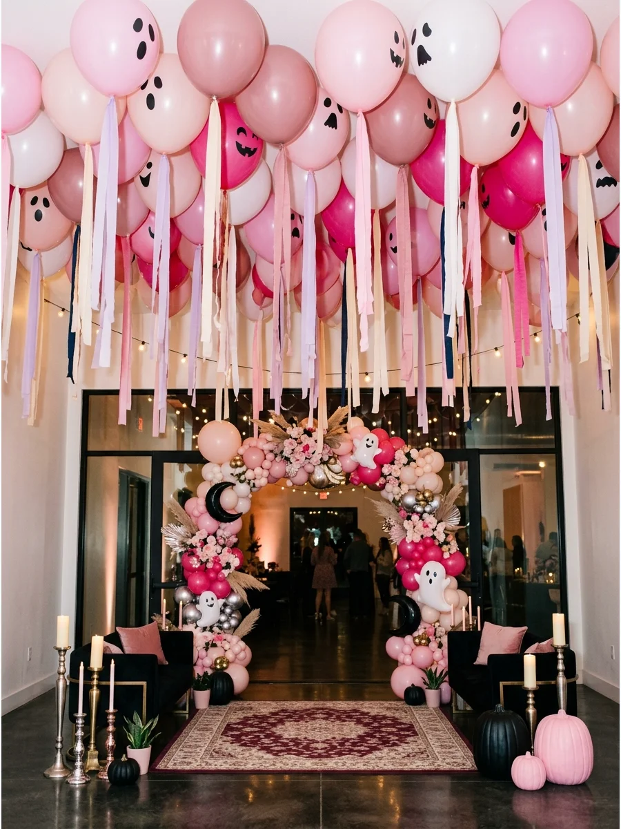 Helium balloons with ghost faces and streamers floating on a ceiling.