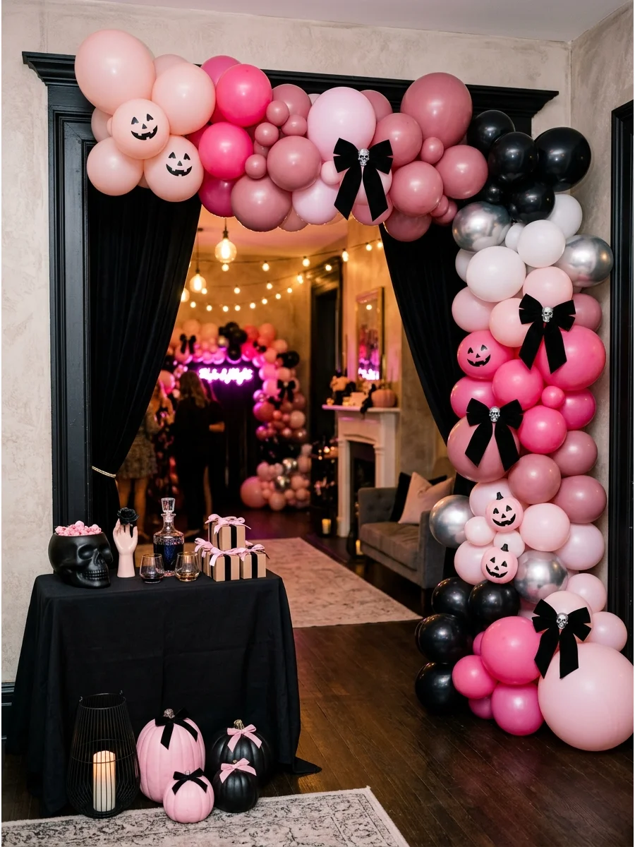 A lush pink balloon garland with pumpkin faces and bows.