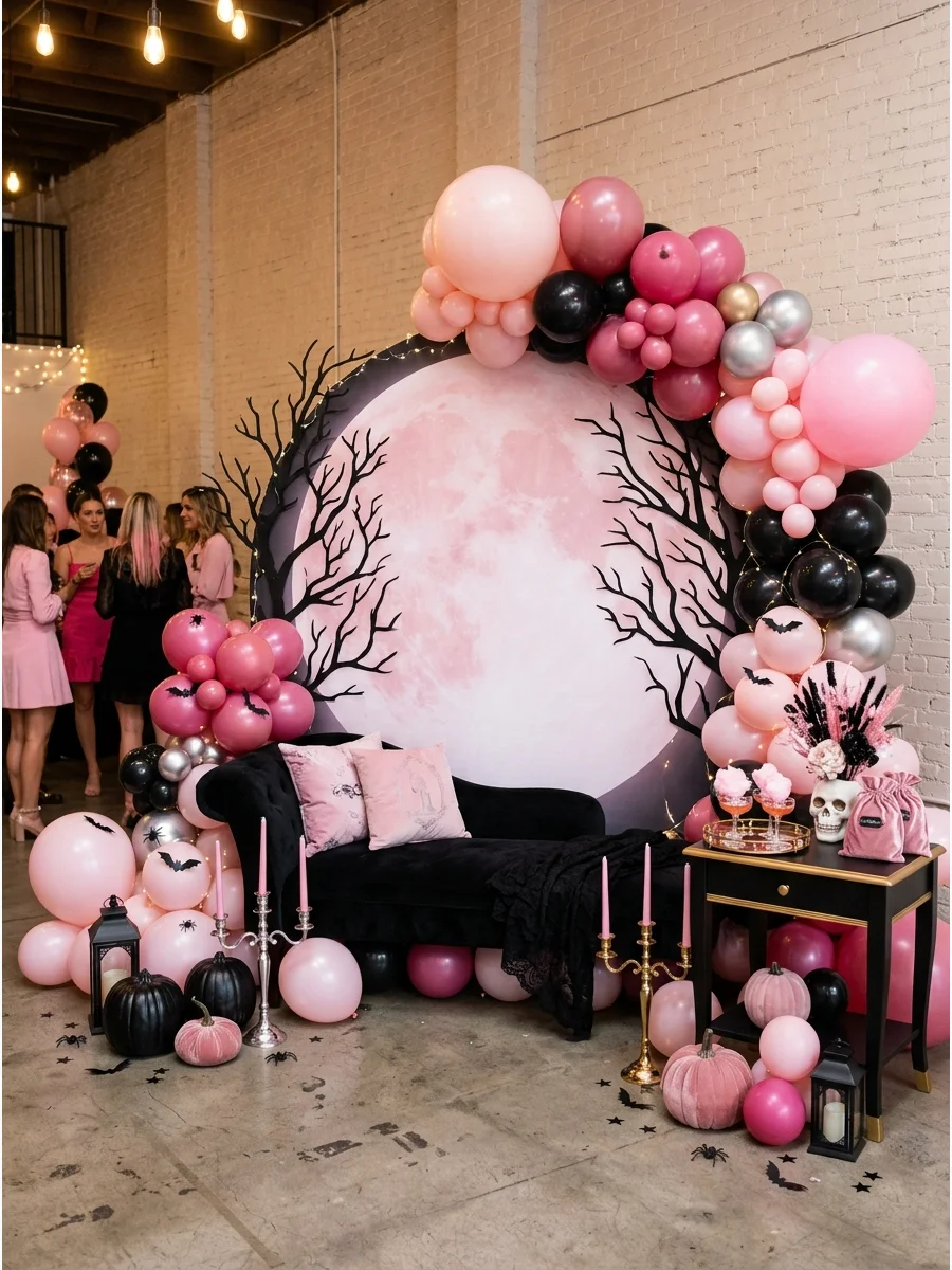 A large pink moon backdrop for a Halloween photo booth.