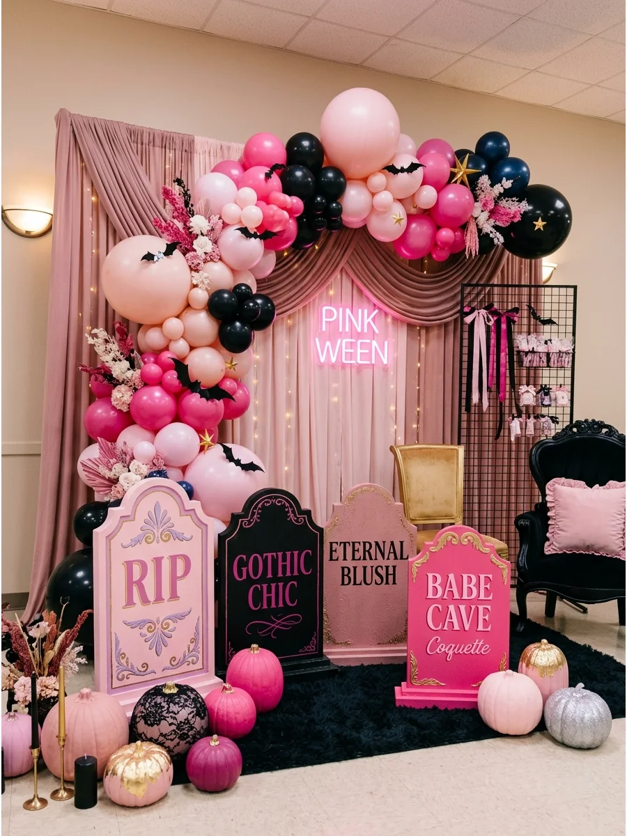 A pink cemetery themed photo area with tombstones and pumpkins.