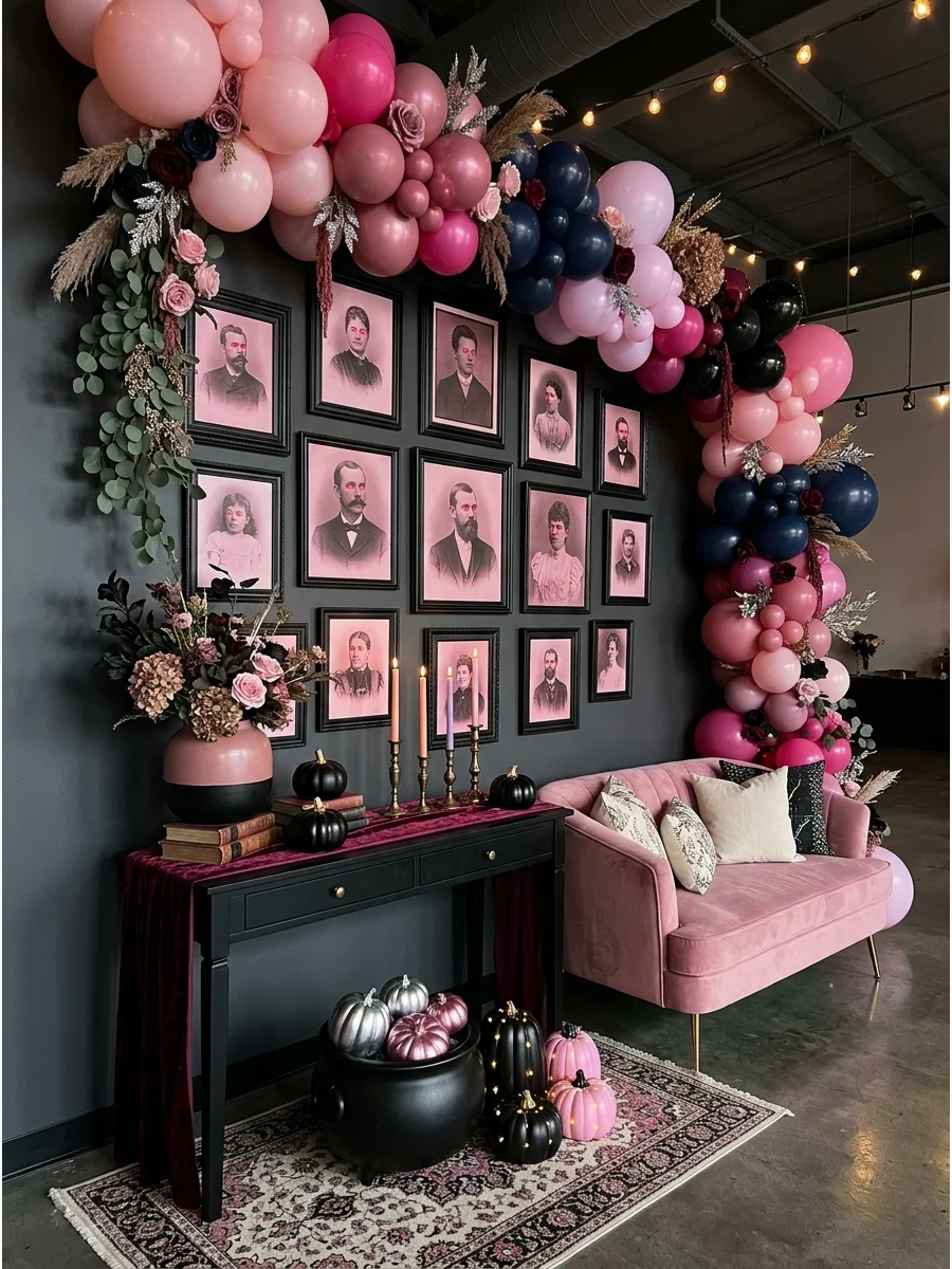A gallery wall of spooky pink-tinted vintage portraits.