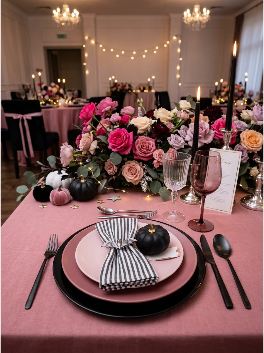 A sophisticated pink and black Halloween table setting.