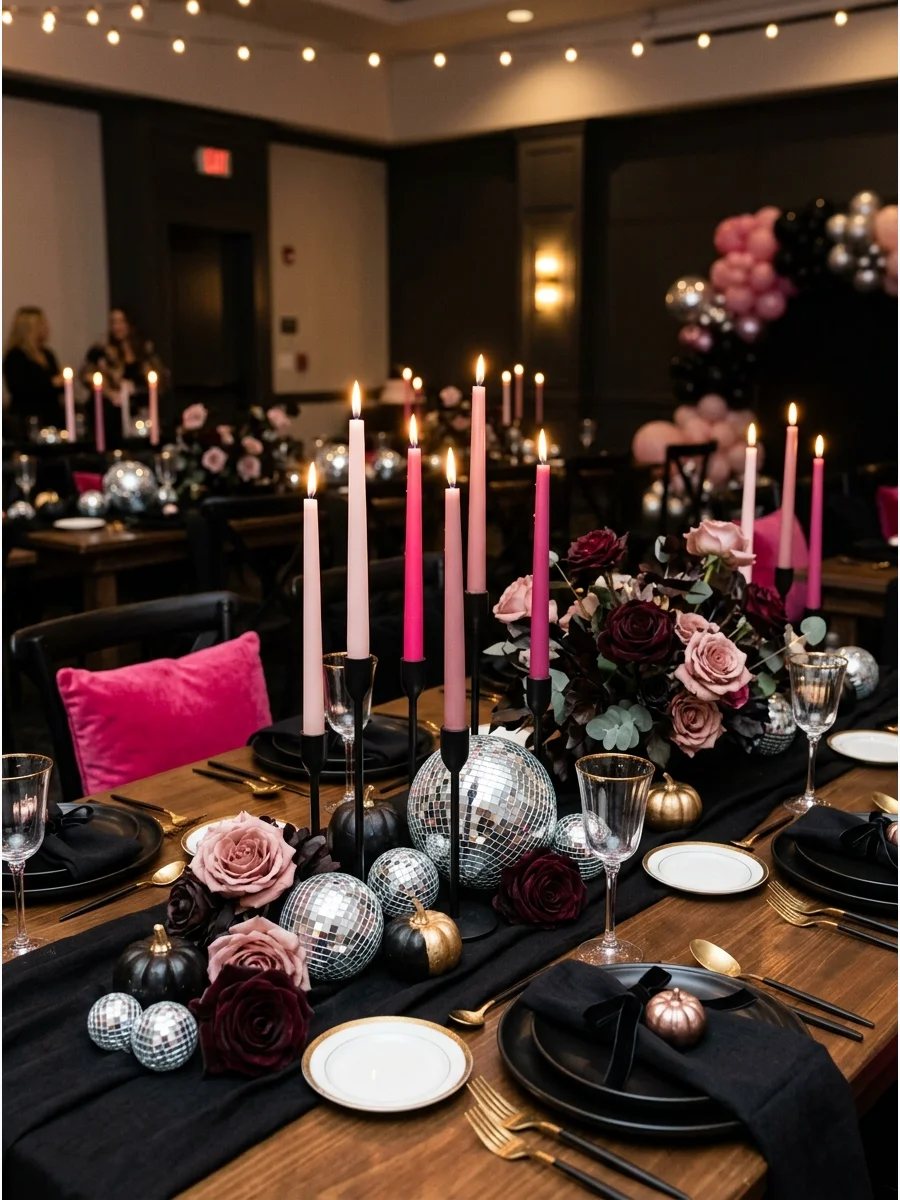 Pink taper candles and dark flowers as a table centerpiece.