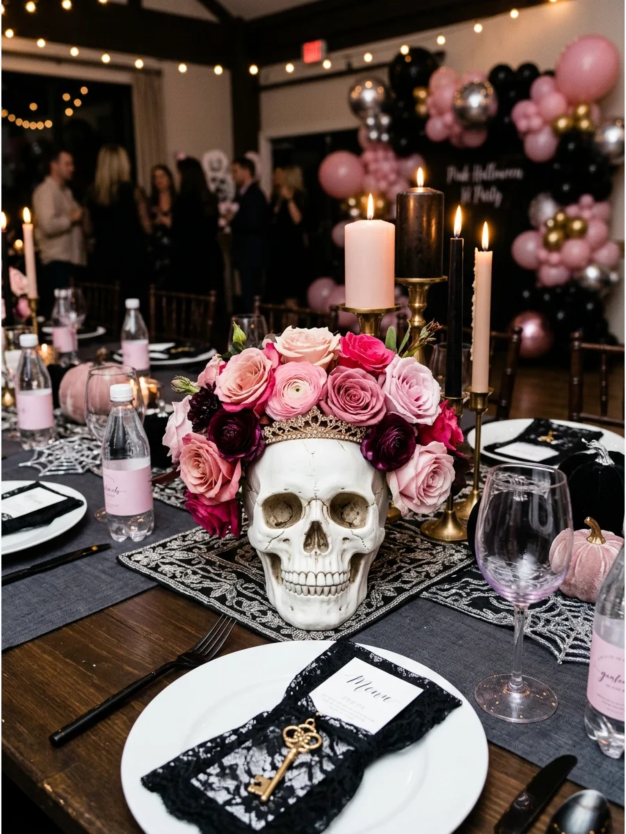 A decorative skull with a pink and burgundy floral crown.
