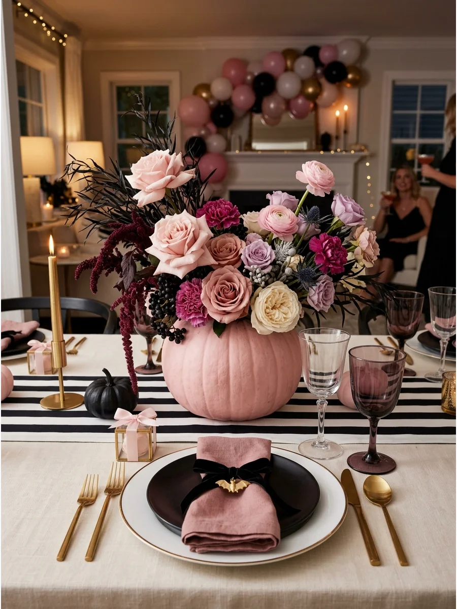 A pink pumpkin vase with a floral arrangement of roses and branches.