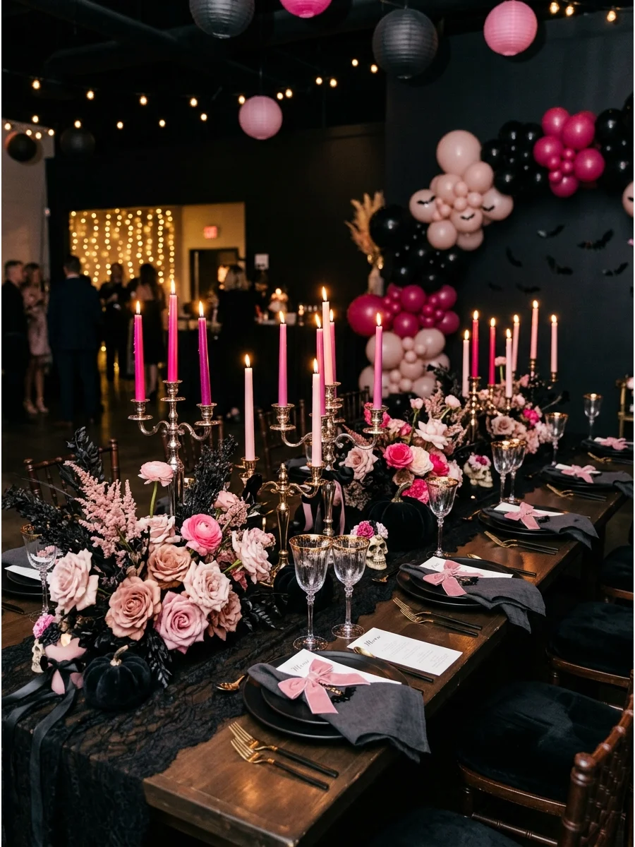 An elegant gothic dinner table with pink candles and black lace decor.