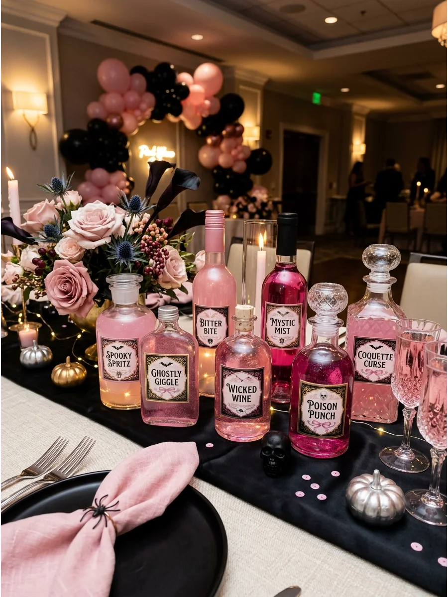 A collection of pink potion bottles on a tiered display.