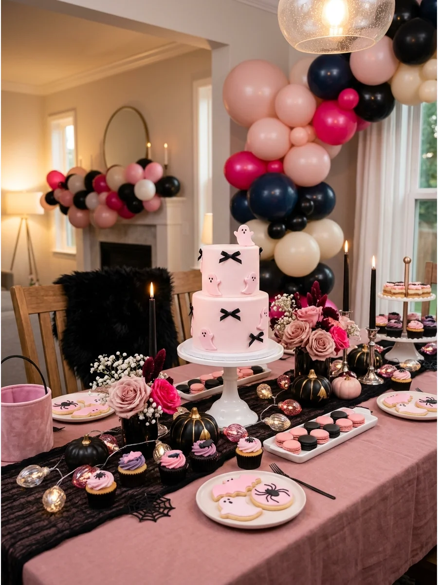 A pink Halloween cake decorated with ghosts and bows.