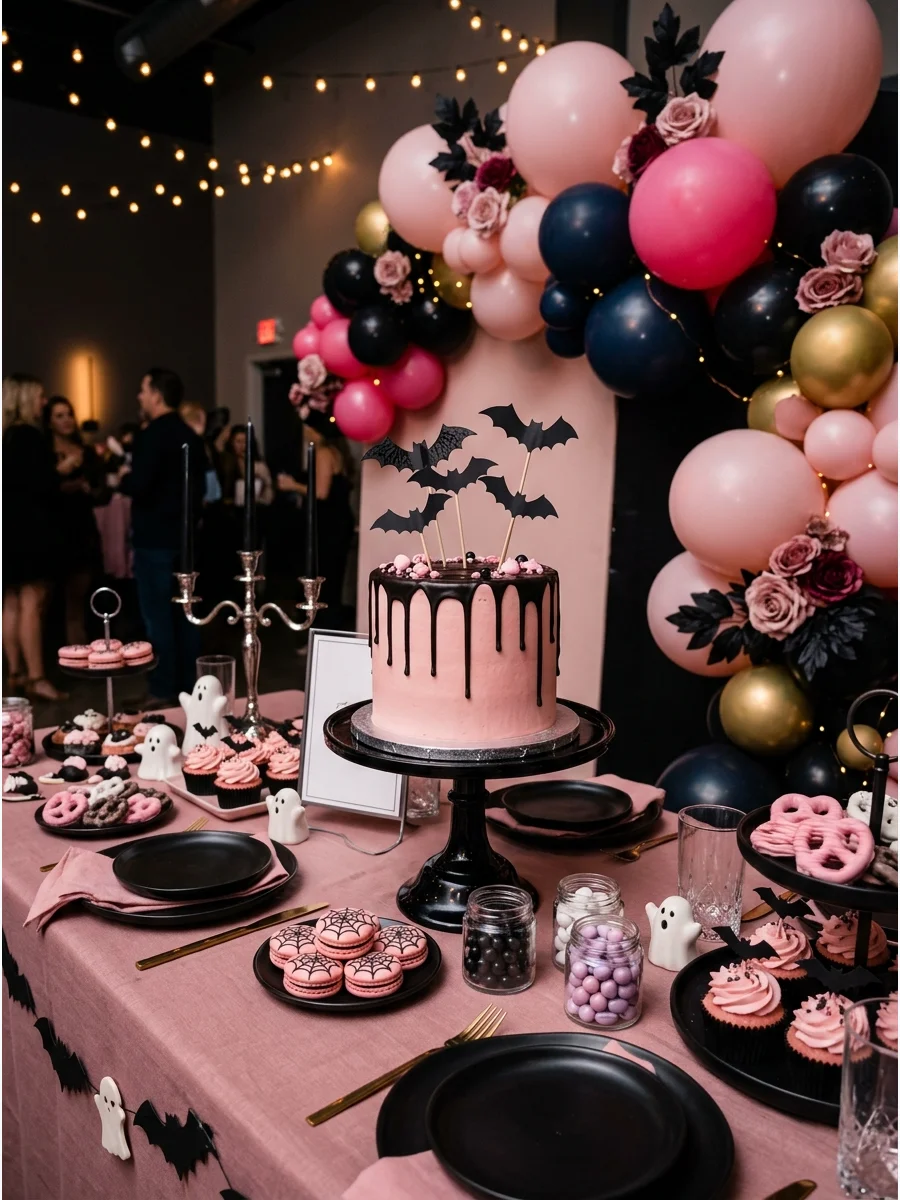 A pink drip cake with black chocolate and bat decorations.