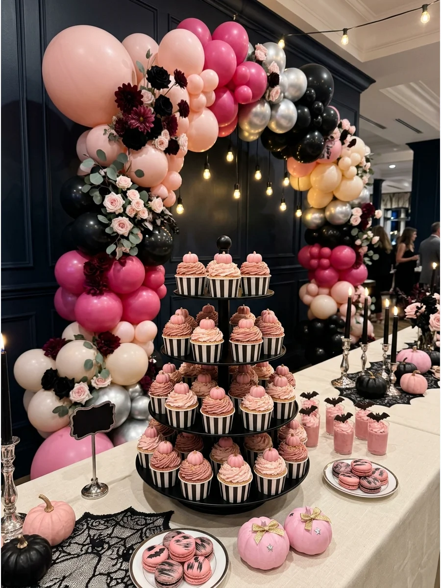 Cupcakes with pink pumpkin toppers on a black stand.