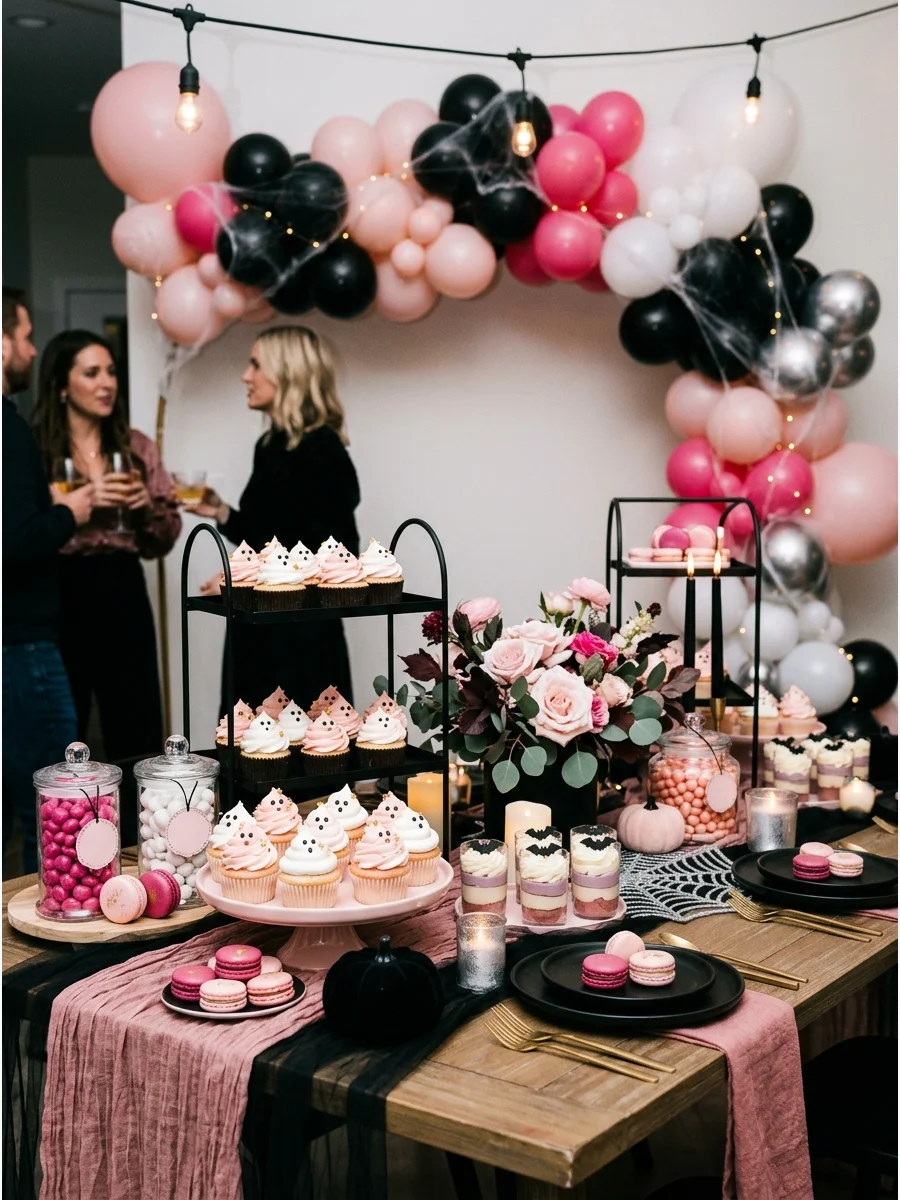 Cute pink and white ghost cupcakes with small stars.