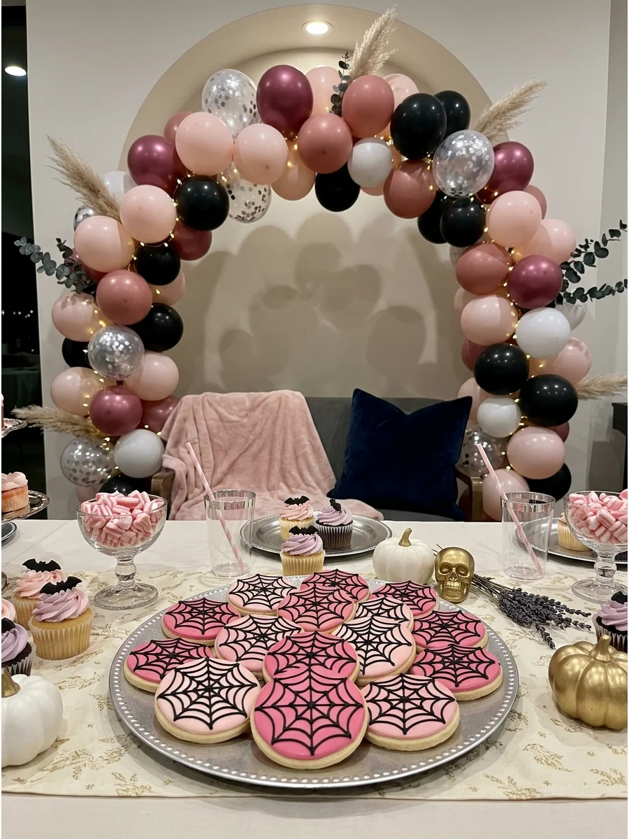 Pink sugar cookies decorated with black spiderweb icing.