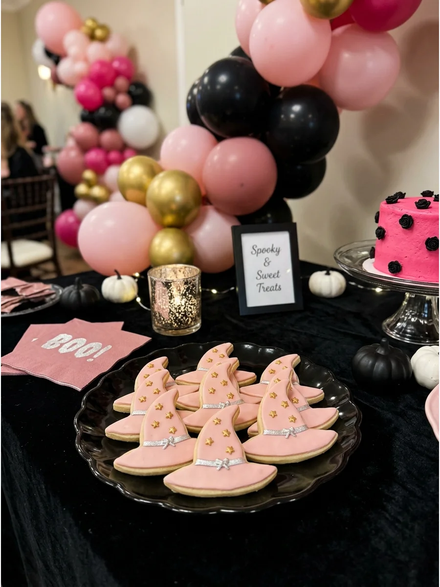Pink witch hat cookies with gold star decorations.
