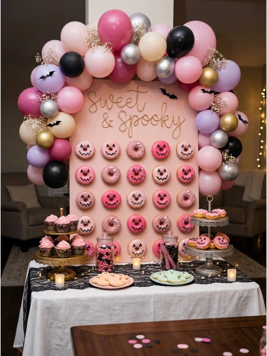 Pink jack-o'-lantern donuts displayed on a wall.