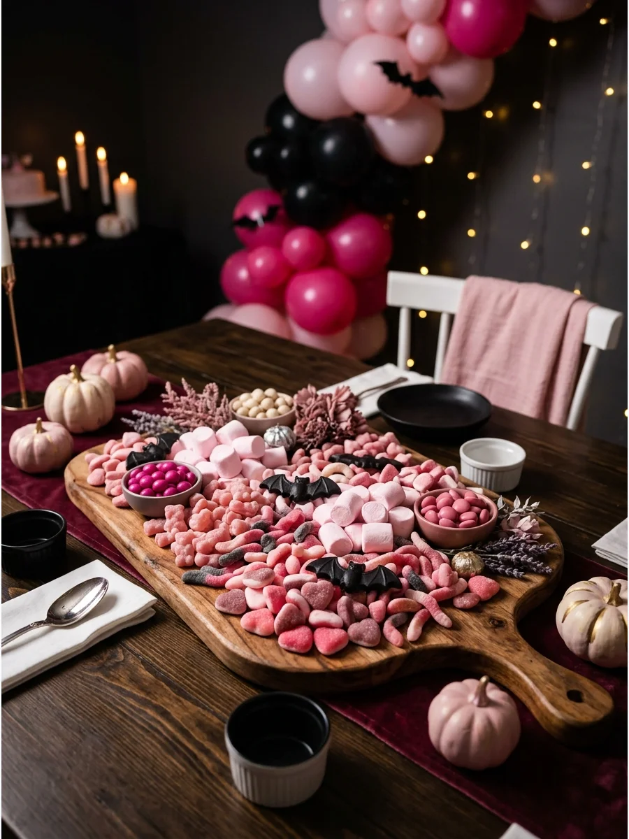 A pink and black themed Halloween candy charcuterie board.