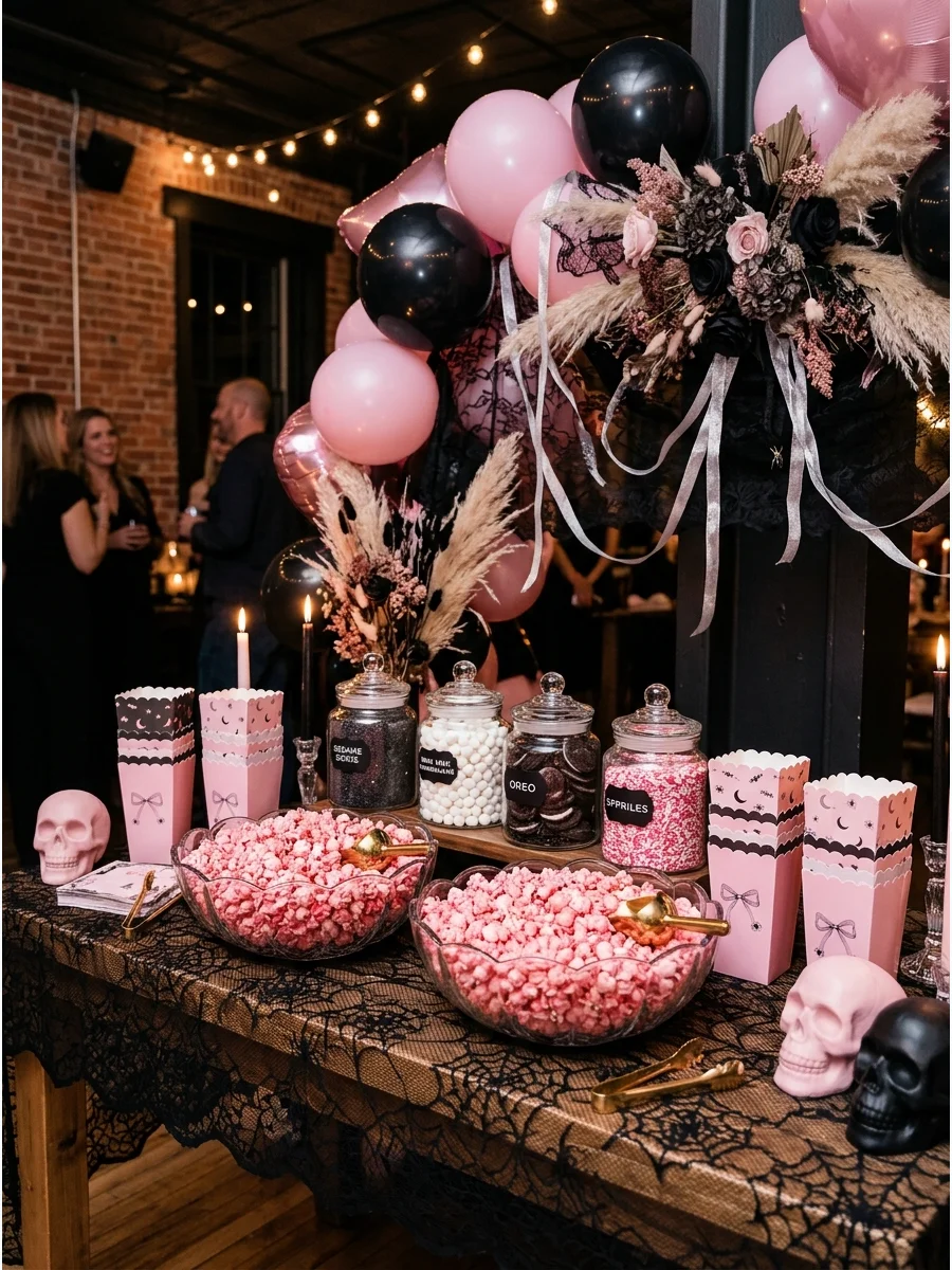 An interactive pink popcorn bar with various toppings.