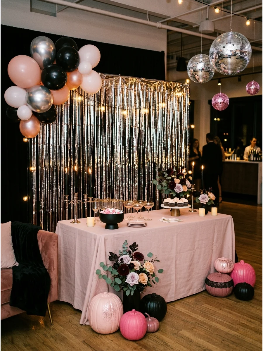 A pink disco themed Halloween party with mirrored balls and metallic fringe.